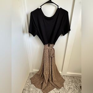 Black Ribbed Top with Leopard Print Maxi Skirt